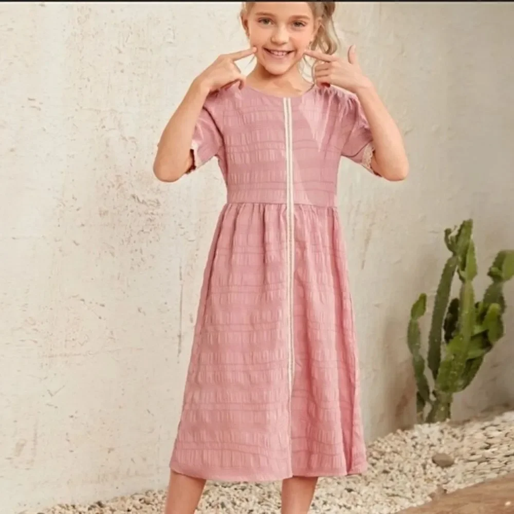Pink Textured 3/4 Sleeve Long Summer Dress